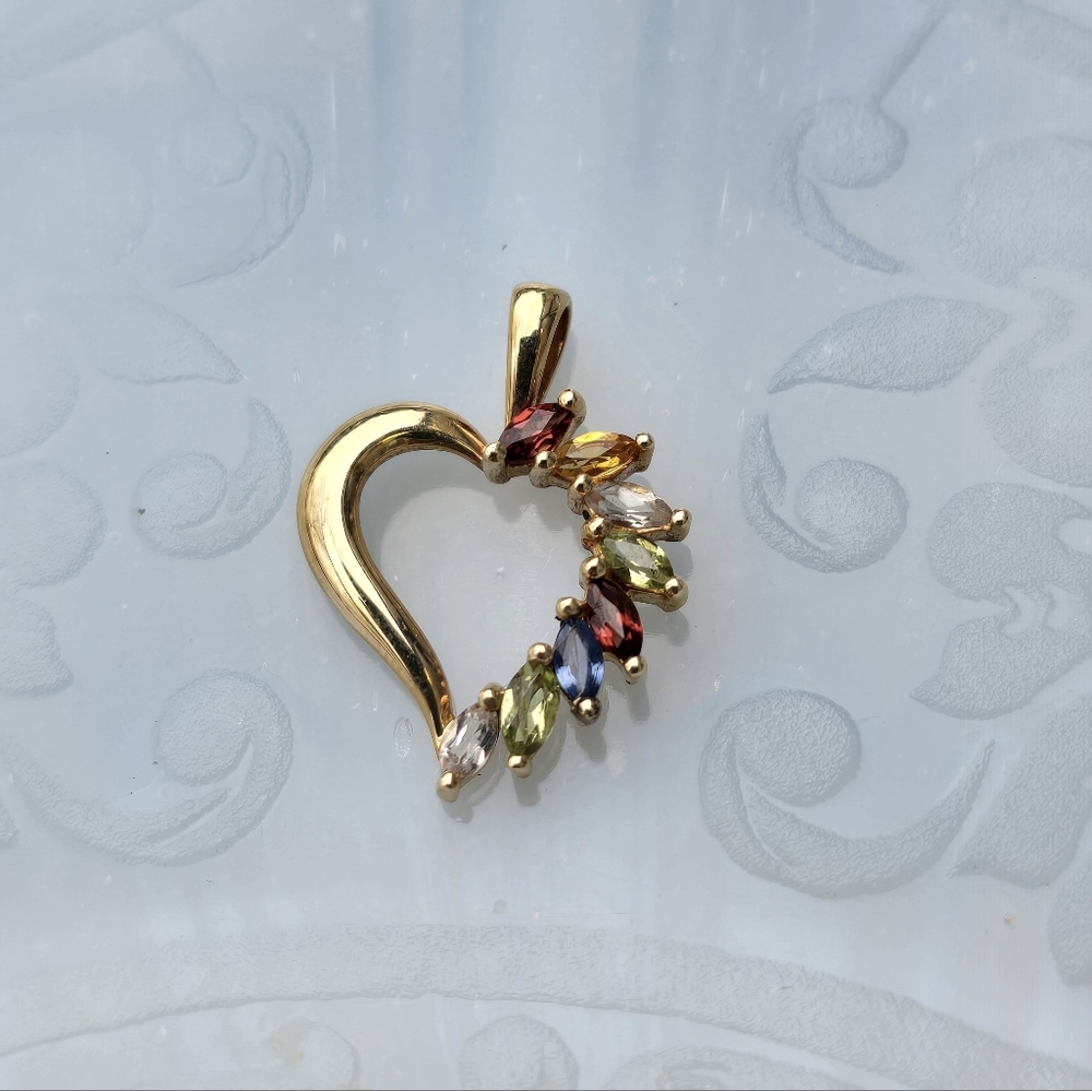 14k Yellow Gold Marquis Cut Multi Color Stone Heart Pendant no chain